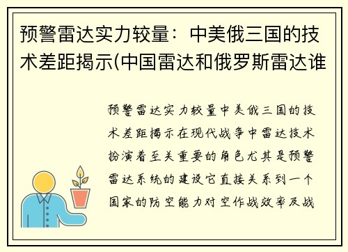 预警雷达实力较量：中美俄三国的技术差距揭示(中国雷达和俄罗斯雷达谁先进)