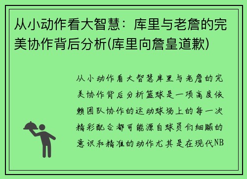 从小动作看大智慧：库里与老詹的完美协作背后分析(库里向詹皇道歉)